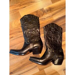 Womens bronze Leather Western Cowboy Boots Studded Harness Detail Pointed‎ Toe 6